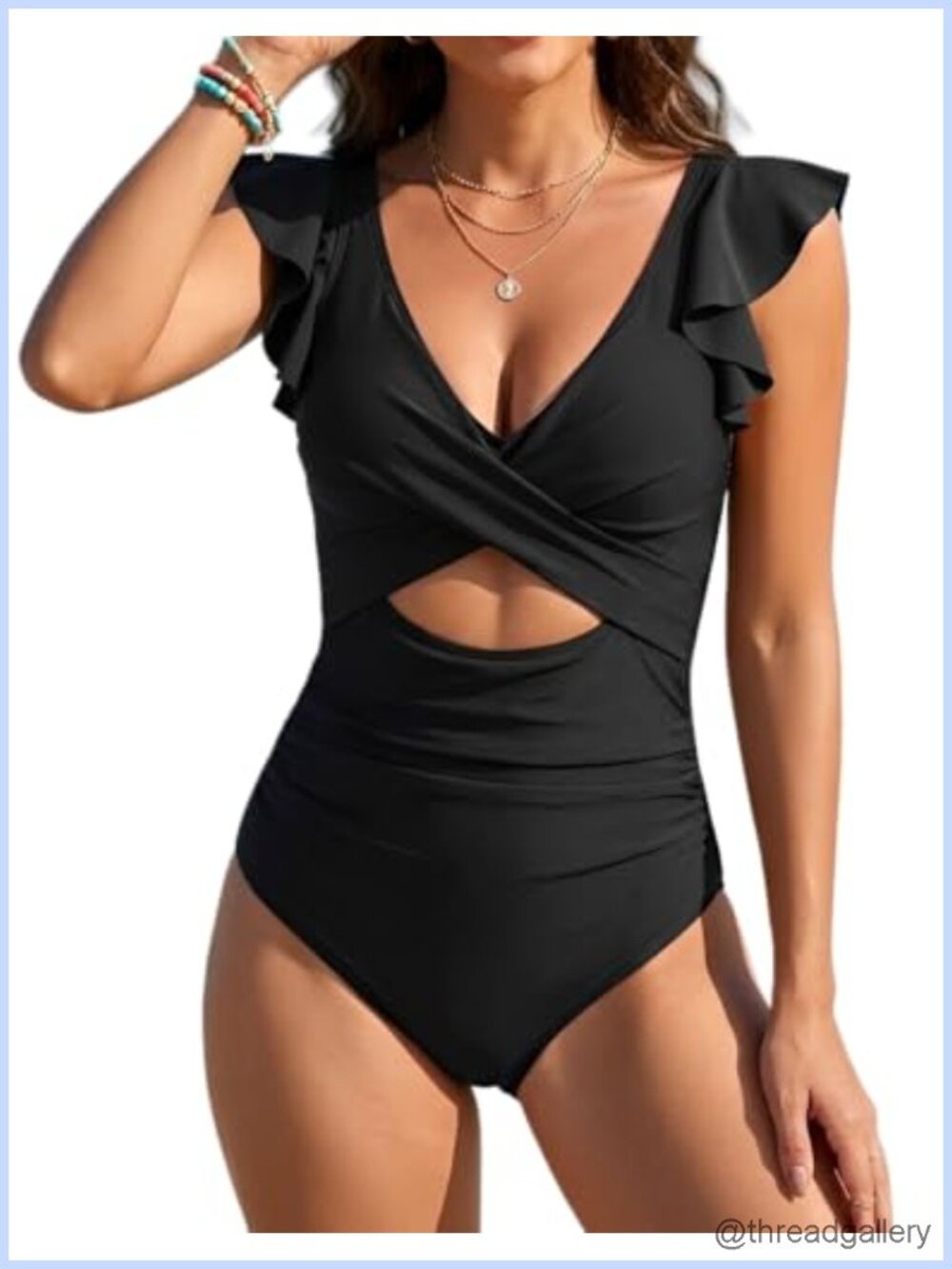 Women's Tummy Control One Piece Swimsuit Ruffle Sleeve Push Up Bathing Suit